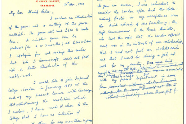 Note to Sharif Sahib This note from Abdus Salam, written to a Pakistani acquaintance, Sharif Sahib, outlines Salam's reasons for taking a position at Imperial College of Science and Technology. He admits to first being reluctant to accept the "London offer", but says that the ability to teach in Pakistan was the deciding factor. He writes: "As you are aware, I was reluctant to consider the London offer but the determining factor in my acceptance was the kind advice of His Excellency, the High Commissioner & the Prime Minister, who took the view that the London appointment was in the interests of our scholarship, that I need not feel an isolated exile and that I would be doing a job of work for my country." He also actually states that he does not plan to stay at Imperial for more than five years, and desires to return to Pakistan to teach. However, the continued persecution of Ahmadi Muslims in Pakistan may have influenced Salam's decision to remain in the UK.